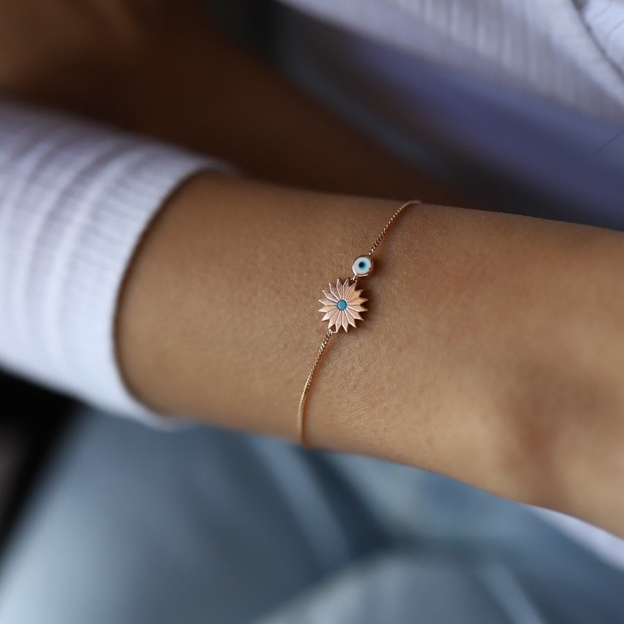 14k Gold Floral Model Eye Bracelet, 14k Solid Gold Bracelet, Gold Bracelet for women, Solid Gold Bracelet