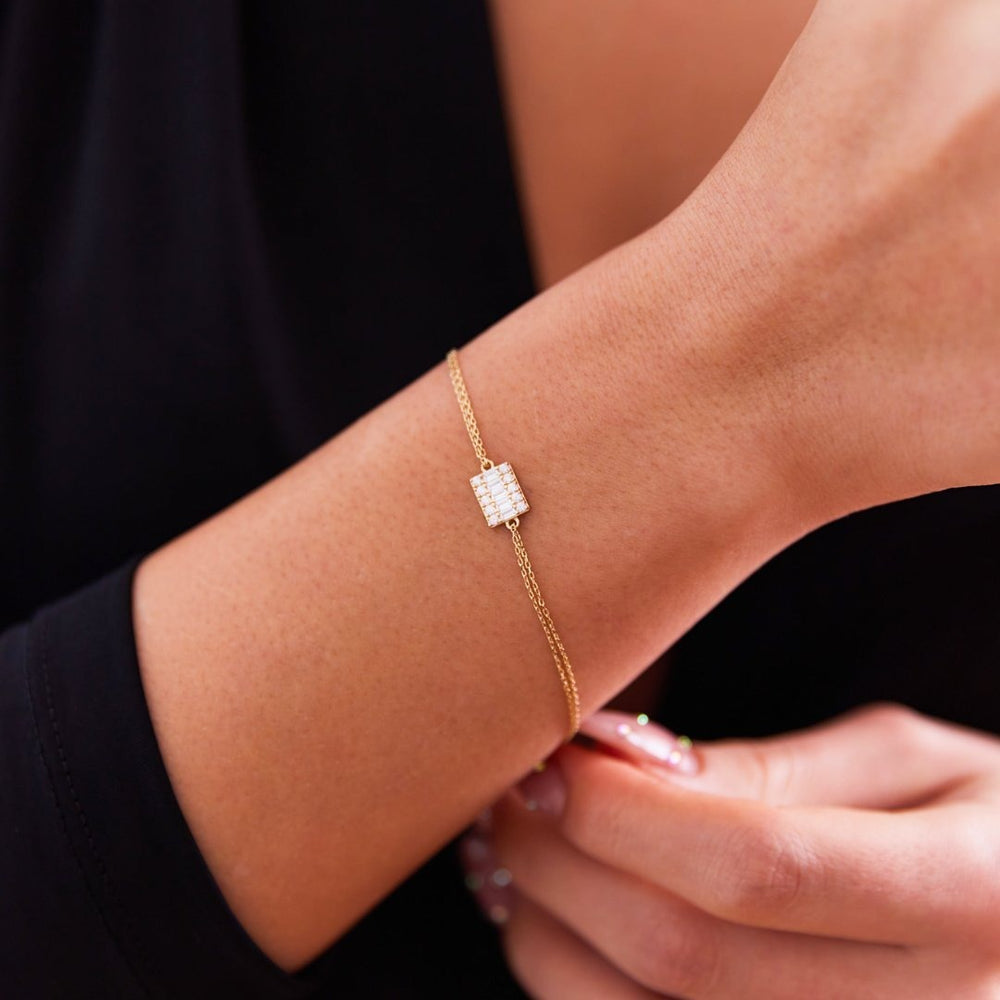 14k Gold Double Baguette Bracelet, 14k Solid Gold Bracelet, Gold Bracelet for women, Solid Gold Bracelet