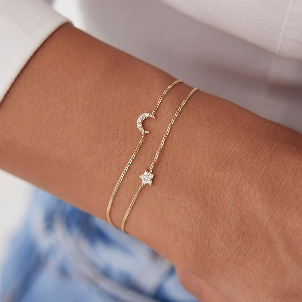 14k Gold Moon and Star Double Bracelet, 14k Solid Gold Bracelet, Gold Bracelet for women, Solid Gold Bracelet