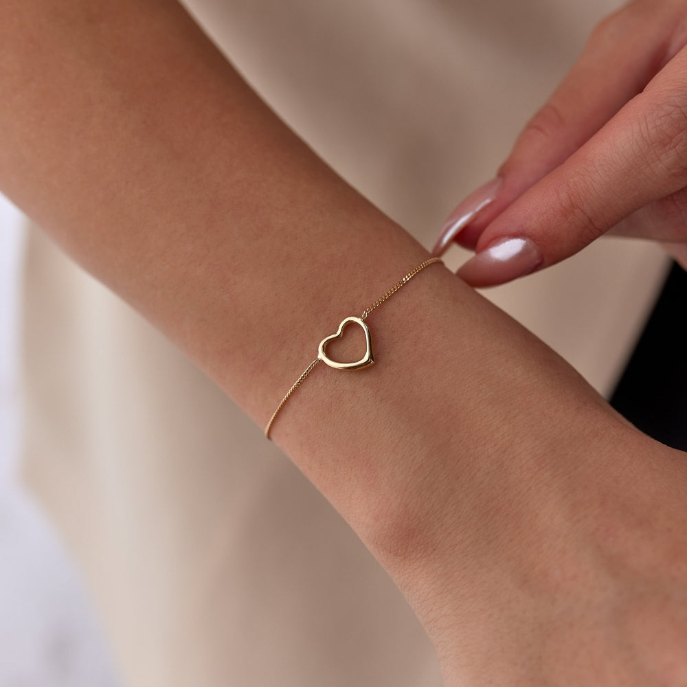 14k Gold Heart Frame Bracelet, 14k Solid Gold Bracelet, Gold Bracelet for women, Solid Gold Bracelet
