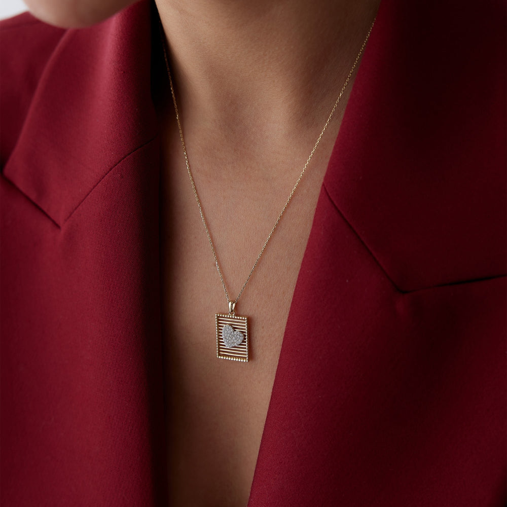 14k Gold Rectangle Grid Heart Necklace