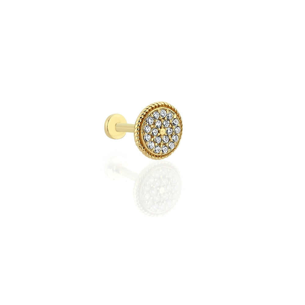 14k Gold Stone Tragus Piercing with Round Processing Detail