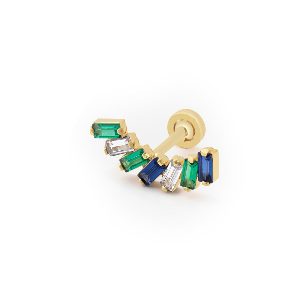 14k Gold Blue Green White Baguette Stone Model Tragus Piercing