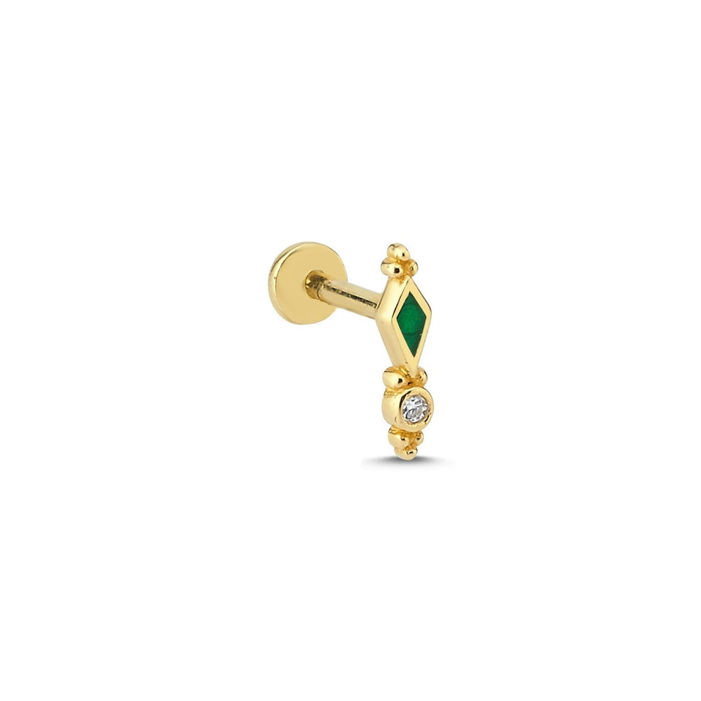 14k Gold Green Enamel Detail Stone Tragus Piercing