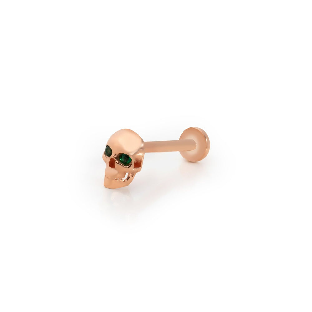 14k Gold Skull Tragus Piercing with Green Stone Detail