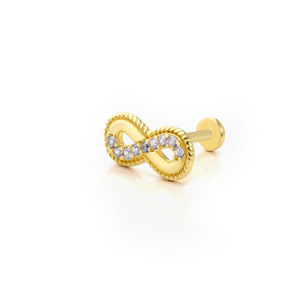 14k Gold Tragus Piercing with Infinity Processing Detail and Stone