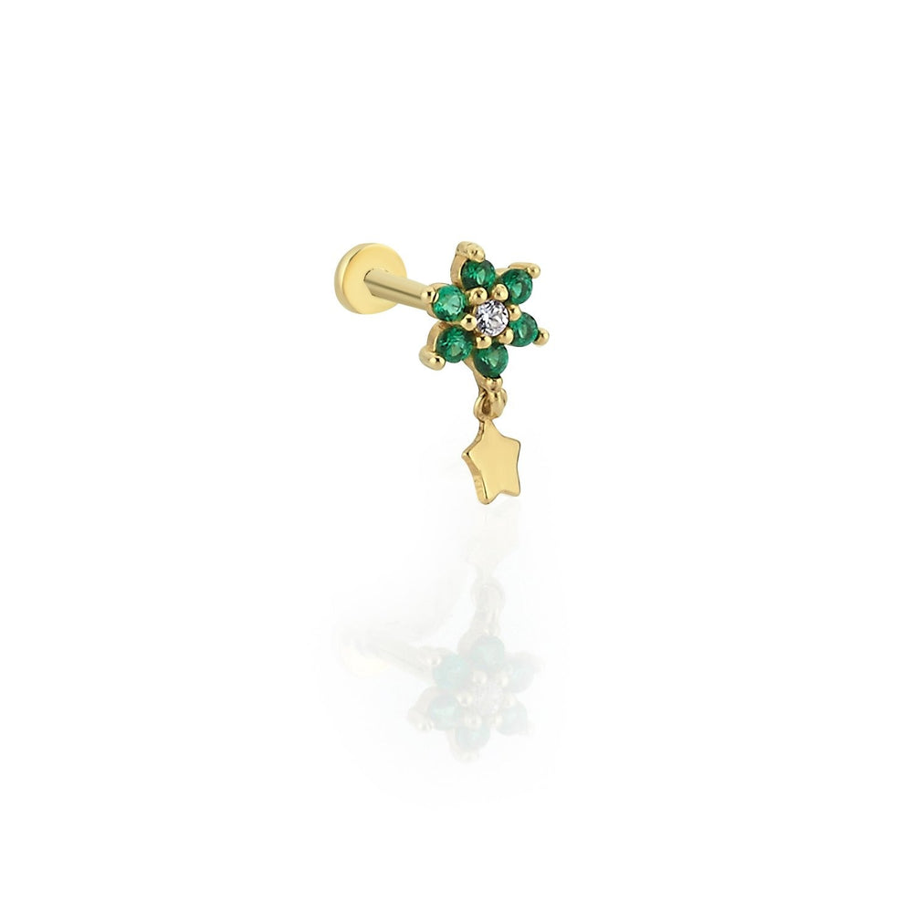 14k Gold Star Tragus Piercing with Green Stone Flower Tip