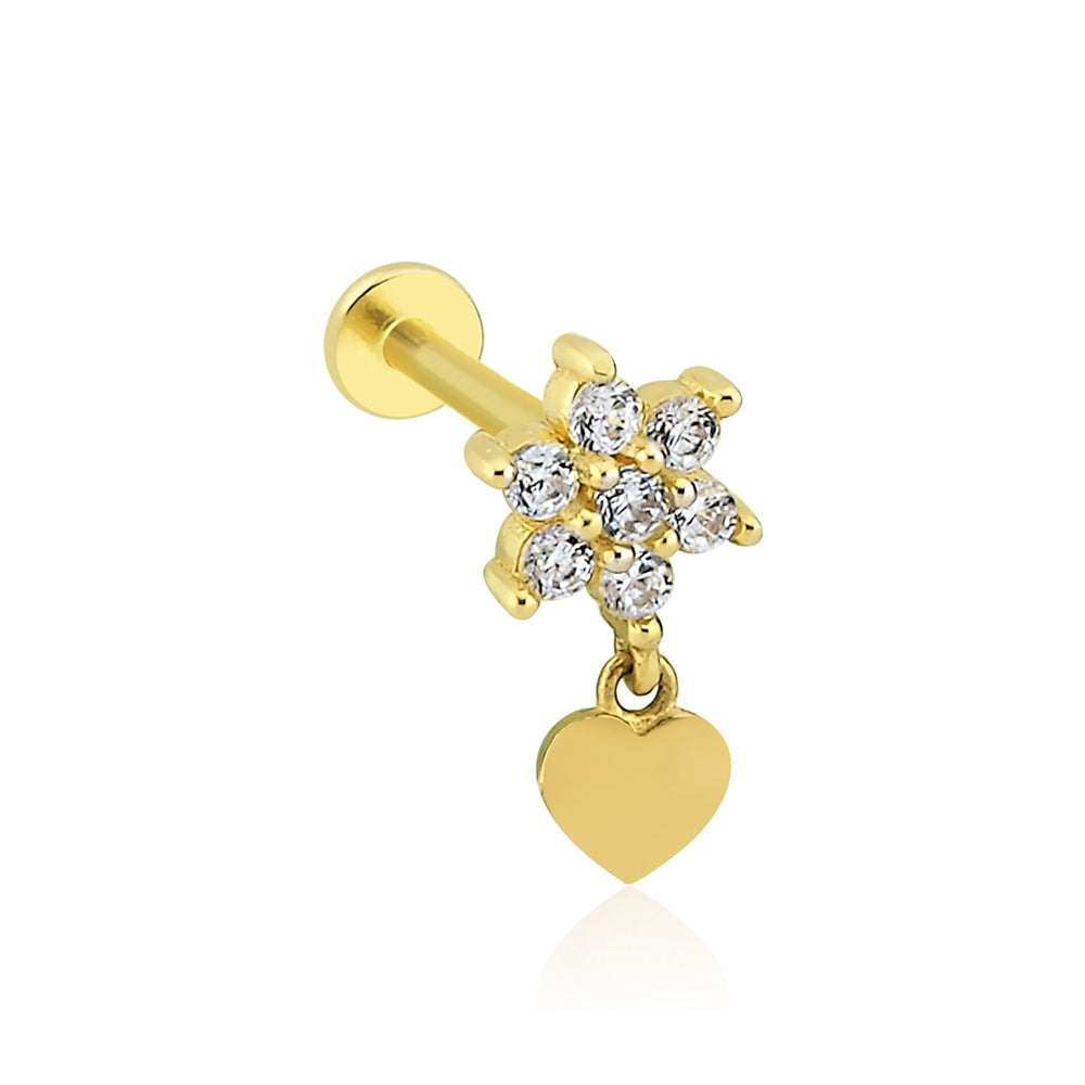14k Gold Heart Tragus Piercing with Stone Flower Tip