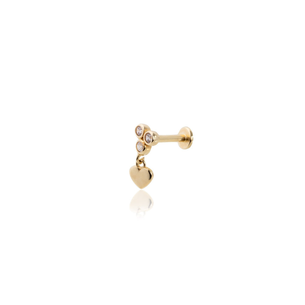 14k Gold Heart Tragus Piercing with Three Ball Stones