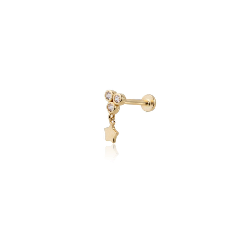 14k Gold Star Tragus Piercing with Three Ball Stones