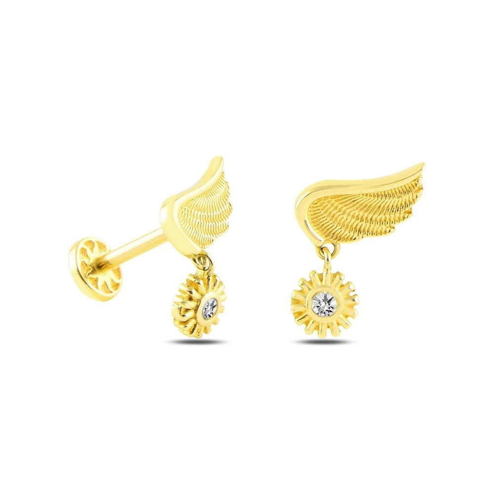 14k Gold Solitaire Sun Model Tragus Piercing on Wing Tip