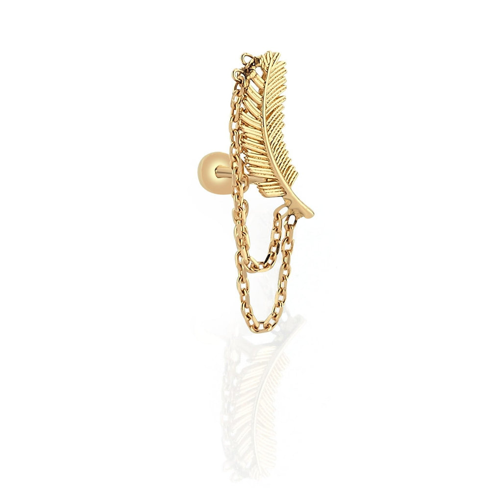 14k Gold Feather Motif Chain Tragus Piercing