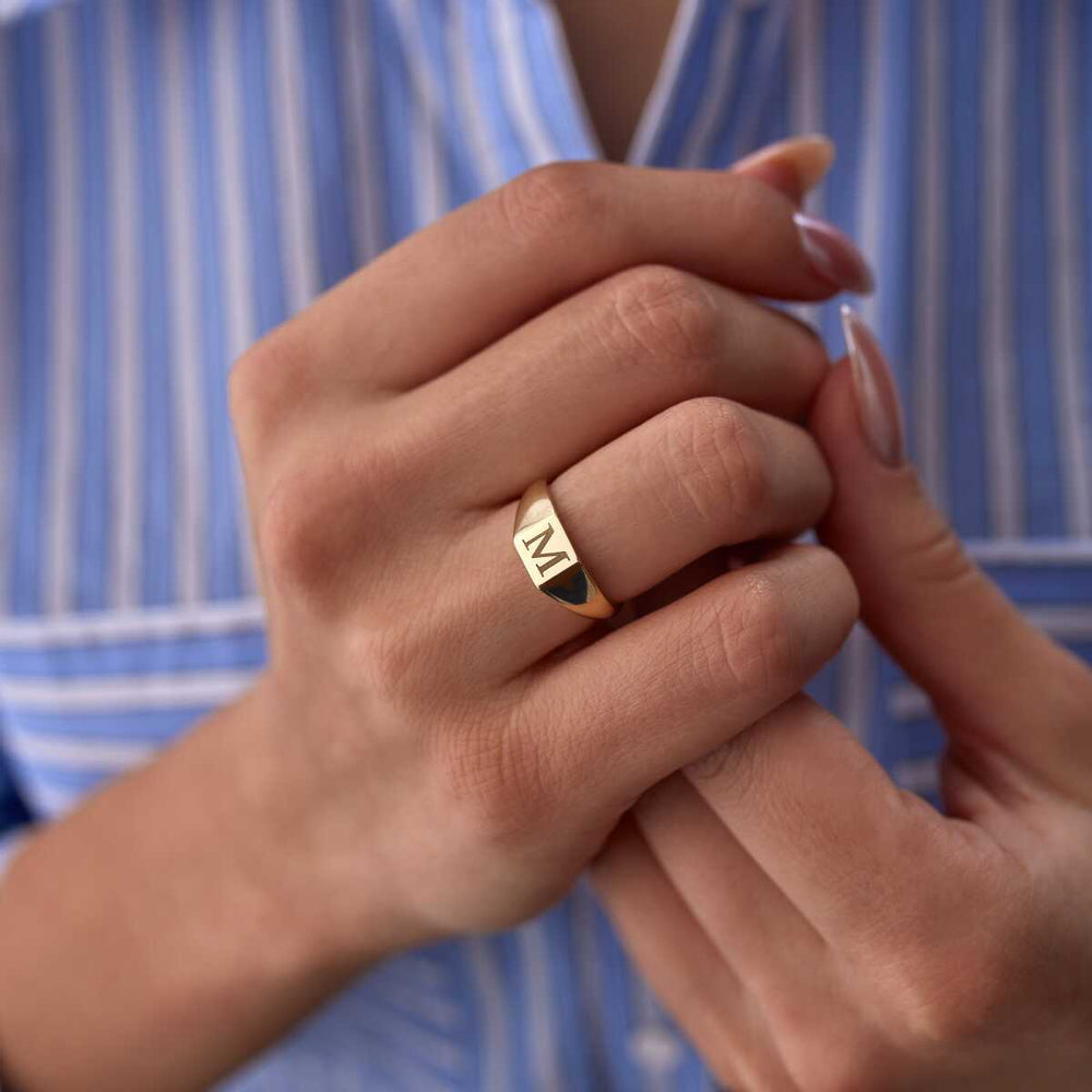 Basic Square Initial Ring - Solid 14k Gold Ring