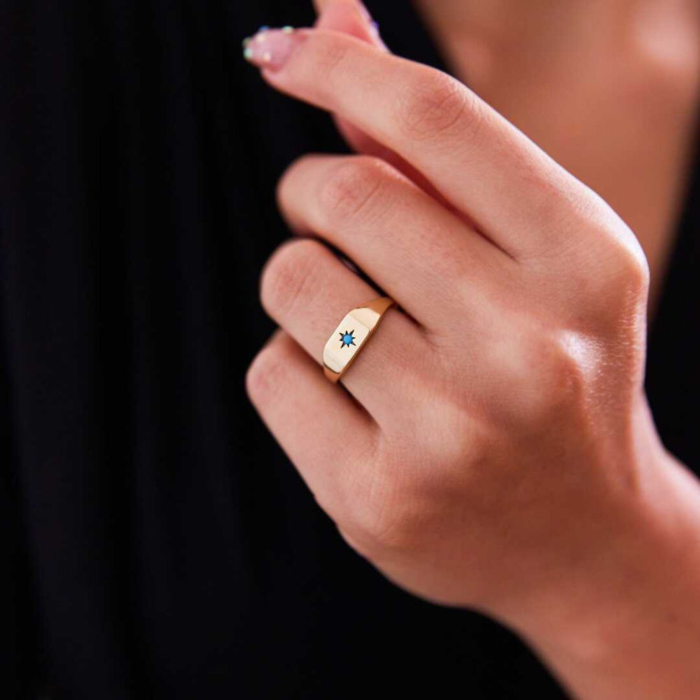 Turquoise North Star Signet Ring - Solid 14k Gold Ring