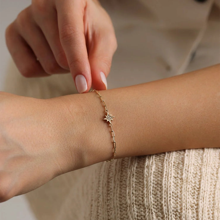 14k Gold Paper Clip Pole Star Bracelet, 14k Solid Gold Bracelet, Gold Bracelet for women, Solid Gold Bracelet
