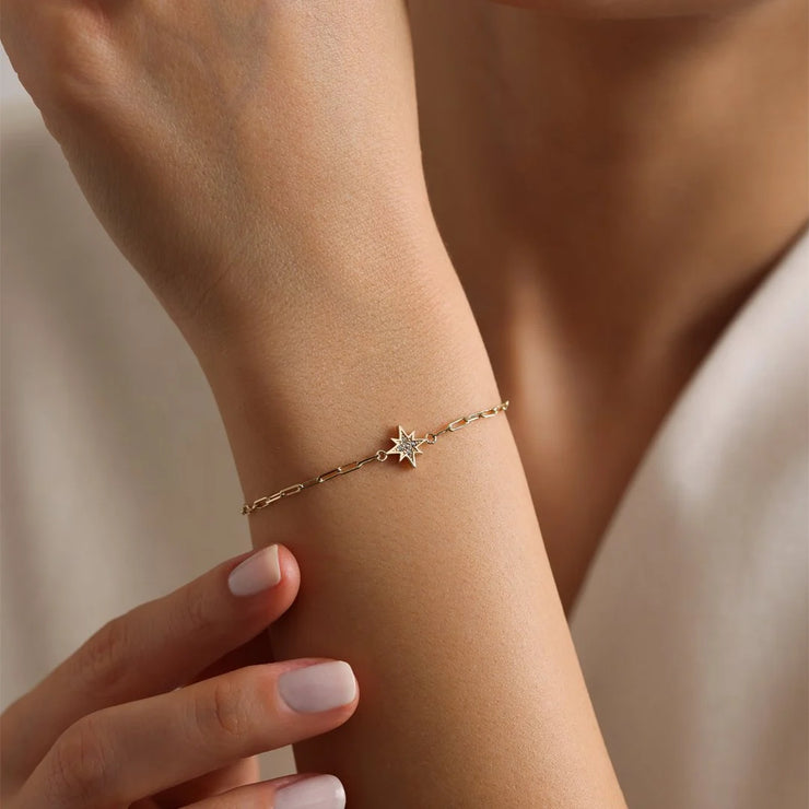 14k Gold Paper Clip Pole Star Bracelet, 14k Solid Gold Bracelet, Gold Bracelet for women, Solid Gold Bracelet