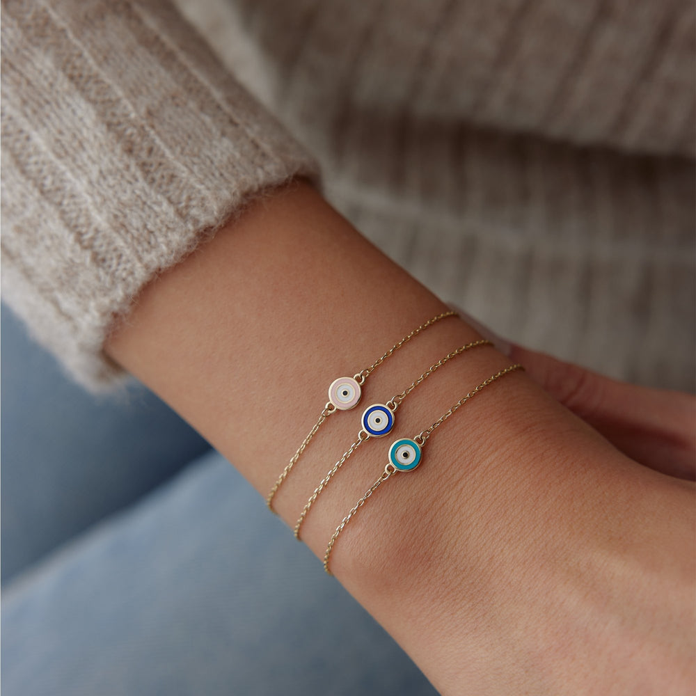 14k Solid Gold Evil Eye Bracelet – Dainty Protection Chain 14k Gold Enamel Eye Bracelet, 14k Solid Gold Bracelet, Gold Bracelet for women, Solid Gold Bracelet