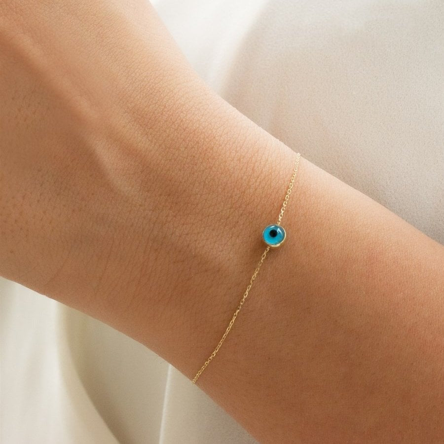 14k Solid Gold Evil Eye Protection Charm Bracelet– Fine Jewelry 14k Gold Minimal Mini Eye Bracelet, 14k Solid Gold Bracelet, Gold Bracelet for women, Solid Gold Bracelet