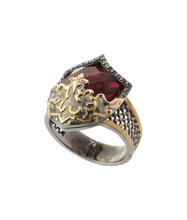 Mens Sterling Silver Red Stone Ring, Badr Battle