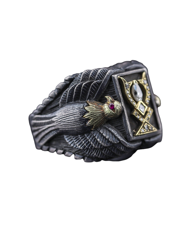 Men's Sterling Silver ring with Solid Gold Eagle  and Diamond