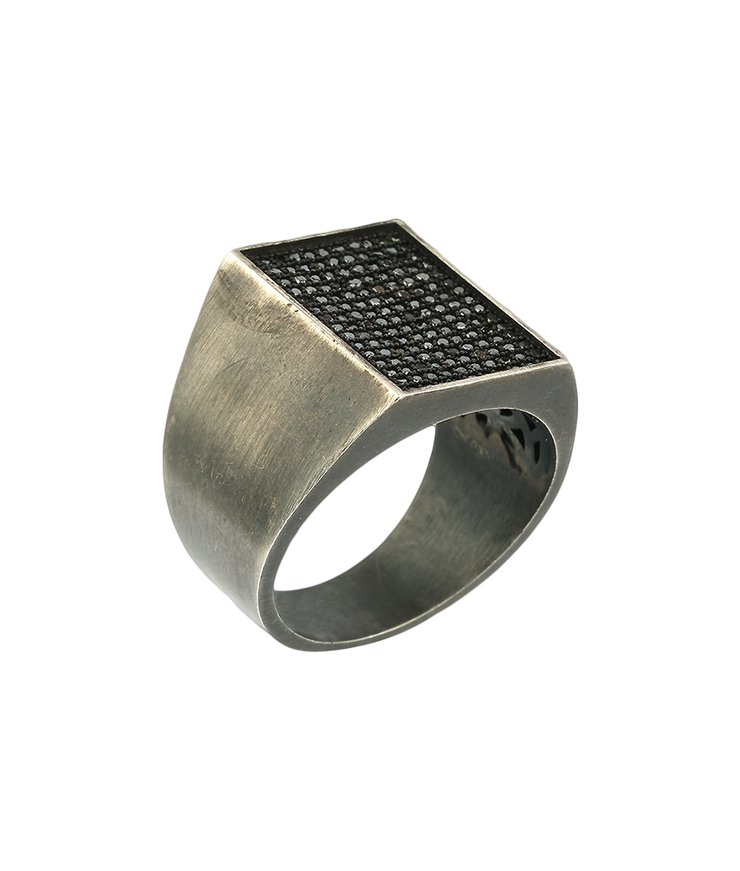 Men's Rectangle Signet Ring with Black CZ
