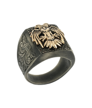 Men's Double Headed Eagle Ring with Hand Engraved Side Details, Sterling Silver