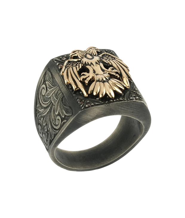 Men's Double Headed Eagle Ring with Hand Engraved Side Details, Sterling Silver