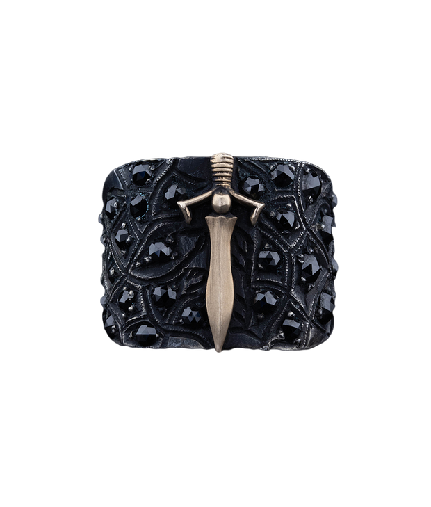 Men's Sterling Silver and Solid Gold Sword Ring with Black Diamonds