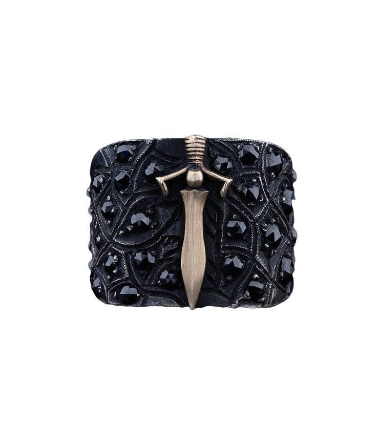 Men's Sterling Silver and Solid Gold Sword Ring with Black Diamonds