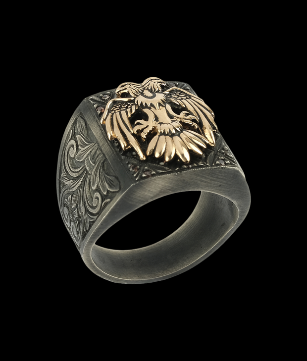 Men's Double Headed Eagle Ring with Hand Engraved Side Details, Sterling Silver