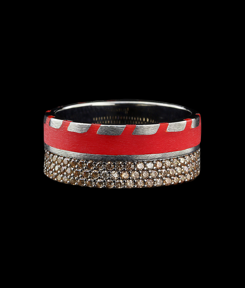 Men's Wedding Band with Red Enamel and Stones