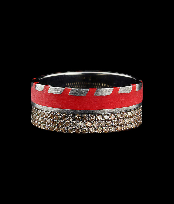 Men's Wedding Band with Red Enamel and Stones
