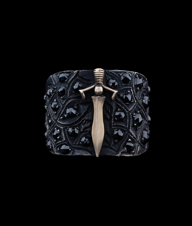 Men's Sterling Silver and Solid Gold Sword Ring with Black Diamonds