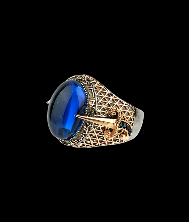 Men's Blue CZ ring with Sword Details