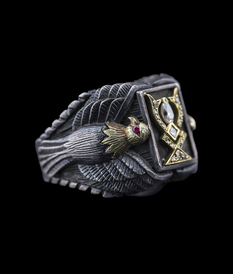 Men's Sterling Silver ring with Solid Gold Eagle  and Diamond