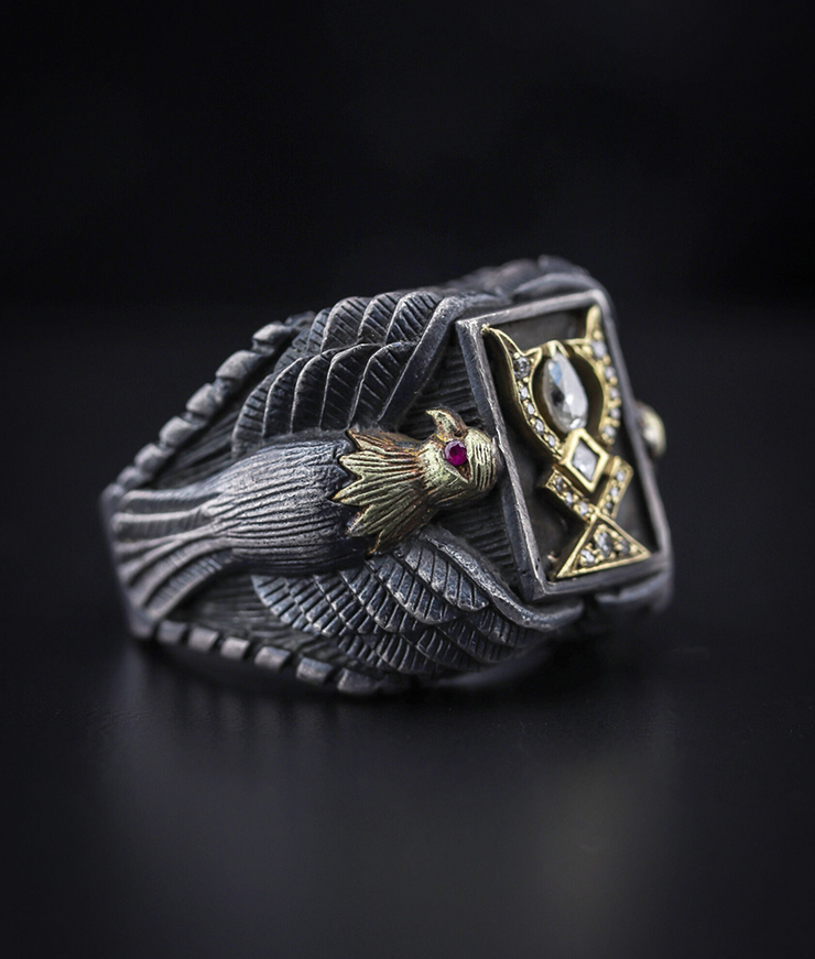 Men's Sterling Silver ring with Solid Gold Eagle  and Diamond