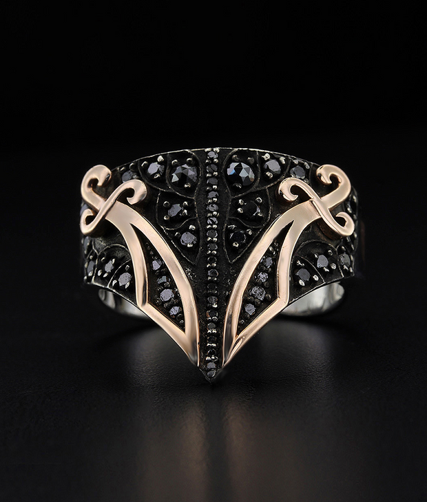 Men's Sterling Silver and Solid Gold Ring Sword Ring with Black Diamonds