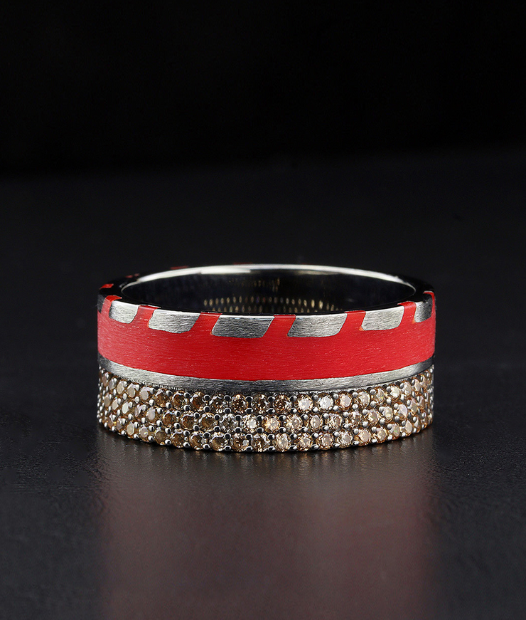 Men's Wedding Band with Red Enamel and Stones