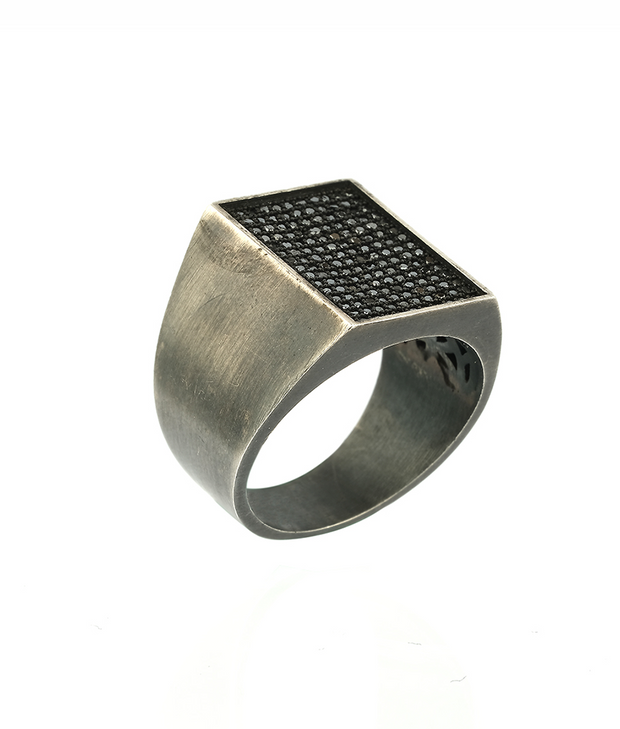 Men's Rectangle Signet Ring with Black CZ