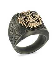 Men's Double Headed Eagle Ring with Hand Engraved Side Details, Sterling Silver