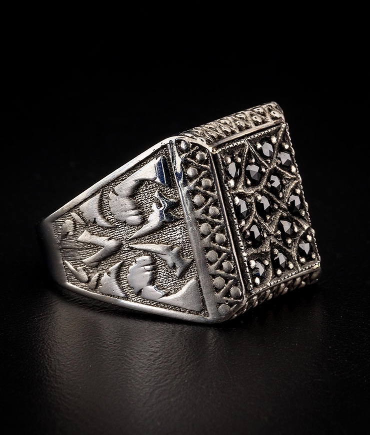 Mens' Sterling Silver Ring with Black diamond Stone