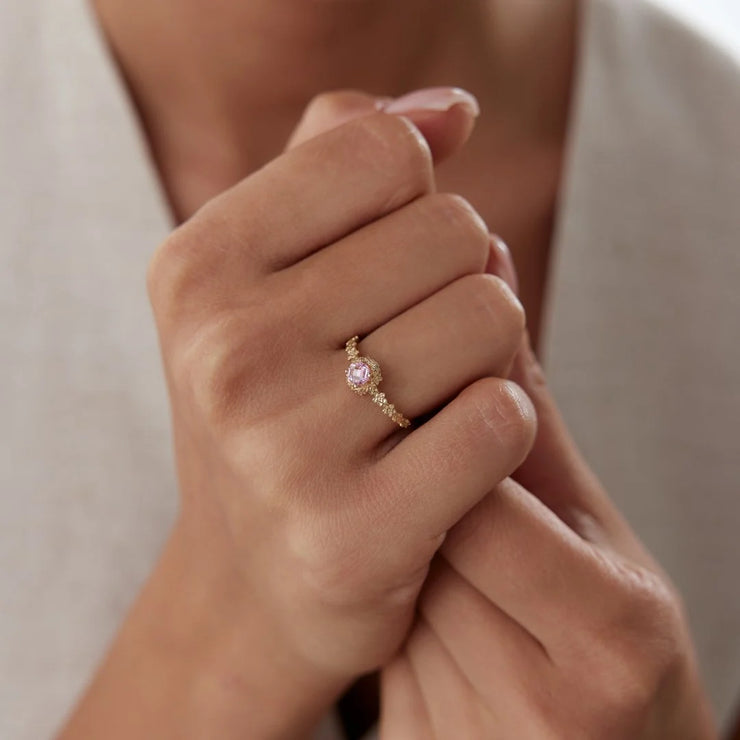 14k Gold Flower Round Lab Pink Tourmaline Ring