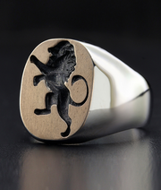 Men's Signet Ring Engraved with Lion in Sterling Silver