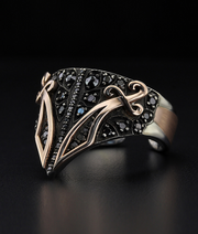 Men's Sterling Silver and Solid Gold Ring Sword Ring with Black Diamonds