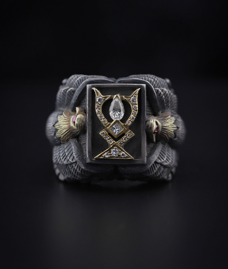 Men's Sterling Silver ring with Solid Gold Eagle  and Diamond