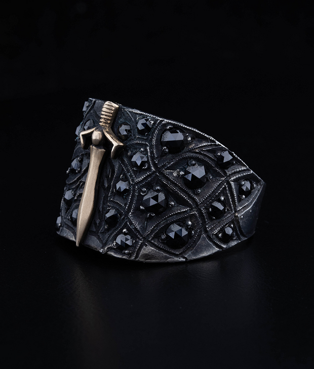 Men's Sterling Silver and Solid Gold Sword Ring with Black Diamonds