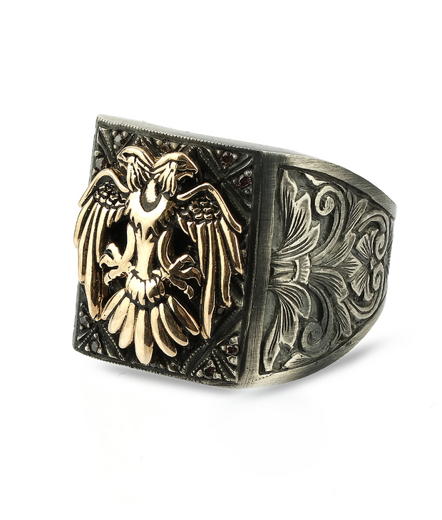 Men's Double Headed Eagle Ring with Hand Engraved Side Details, Sterling Silver