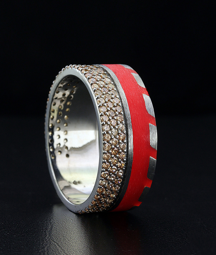 Men's Wedding Band with Red Enamel and Stones