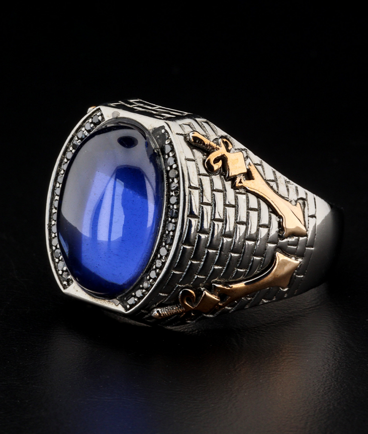 Men's Ring with Blue Stone and Sword