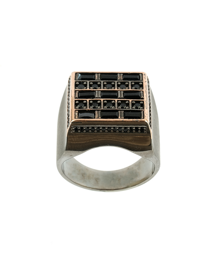 Men's Black Signet Ring with Black Stones